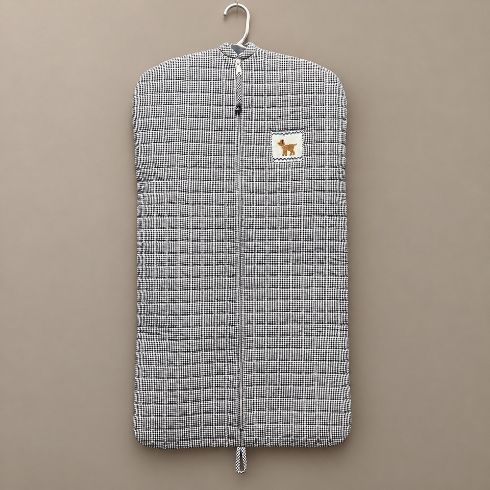 Little English Garment Bag Kids OS Navy Gingham Quilted Dog Embroidered